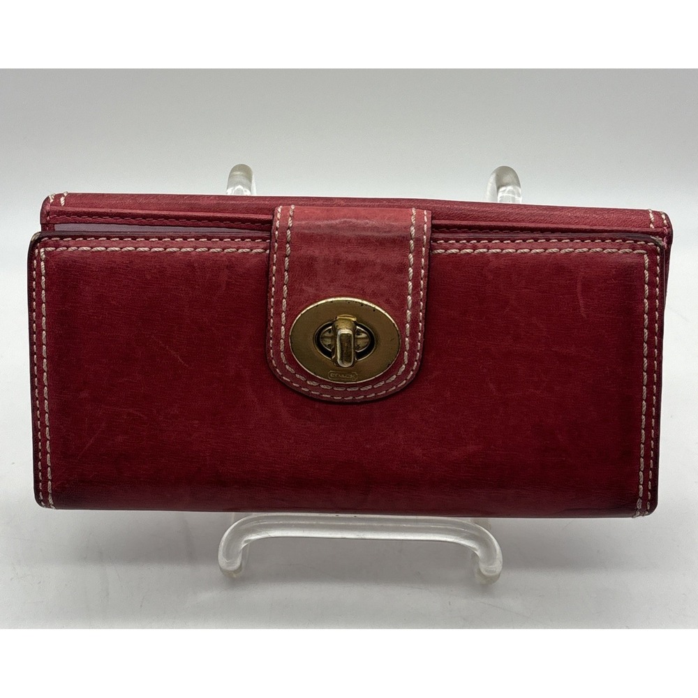 Coach Red Leather Turn Lock Credit Card Bifold Long Wallet. READ